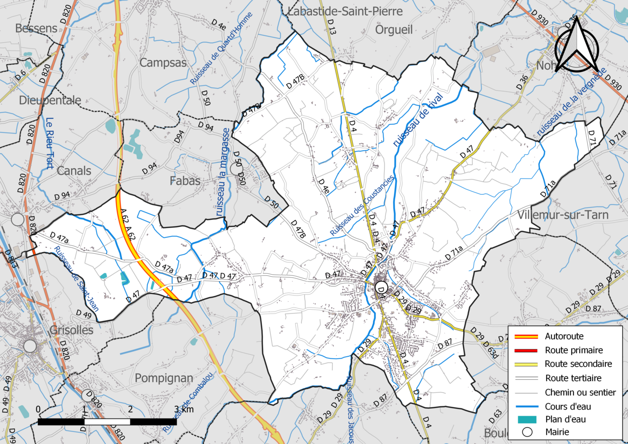 Carte des routes et du réseau hydrographique de Fronton